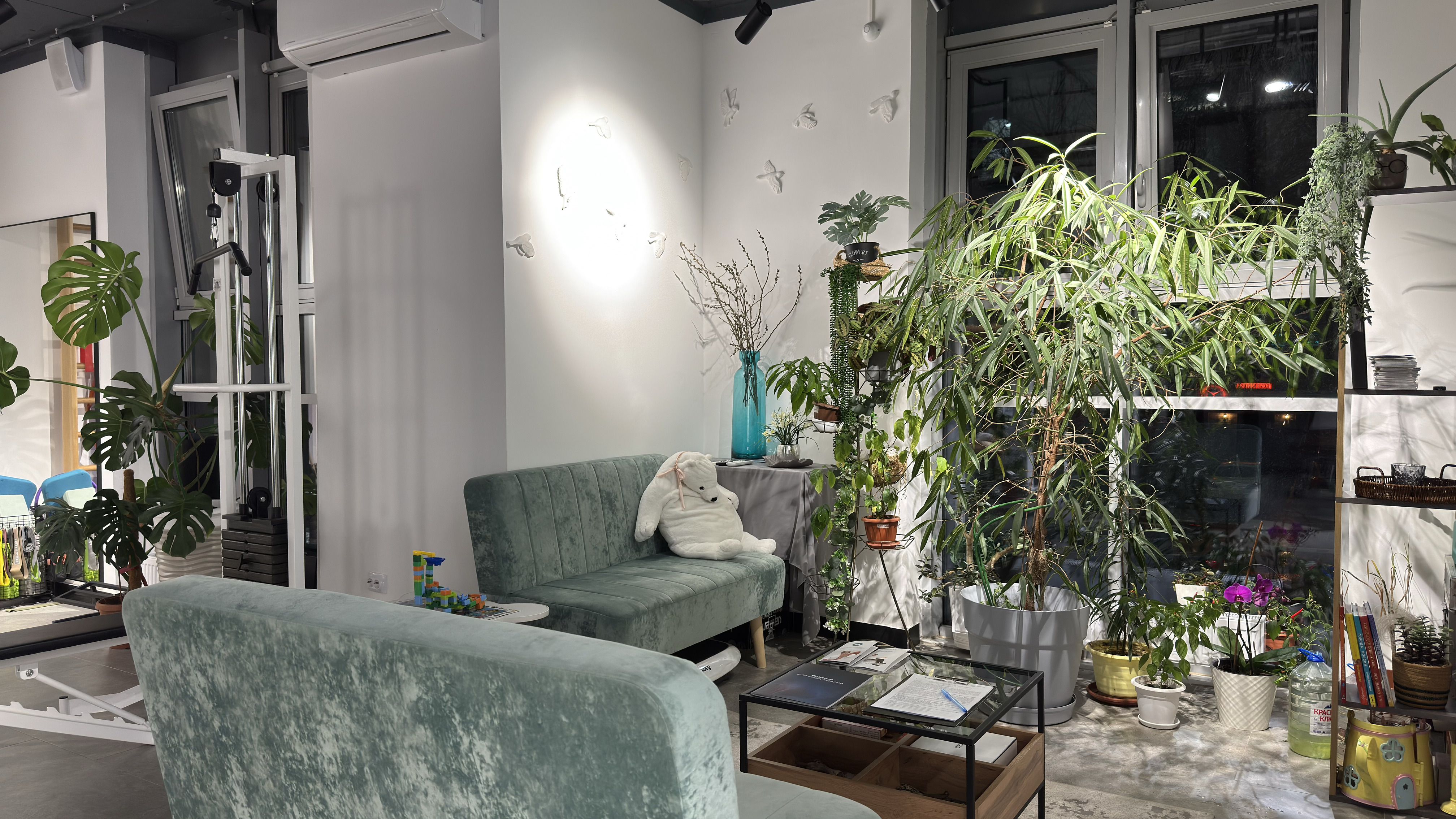 Зона ожидания с диваном и растениями